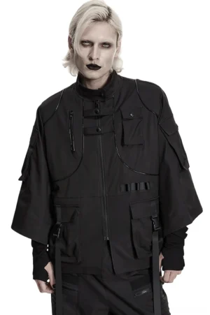 Front wear view of black gothic techwear utility jacket with tactical straps and cargo pockets, showing stand collar and full-length zip closure
