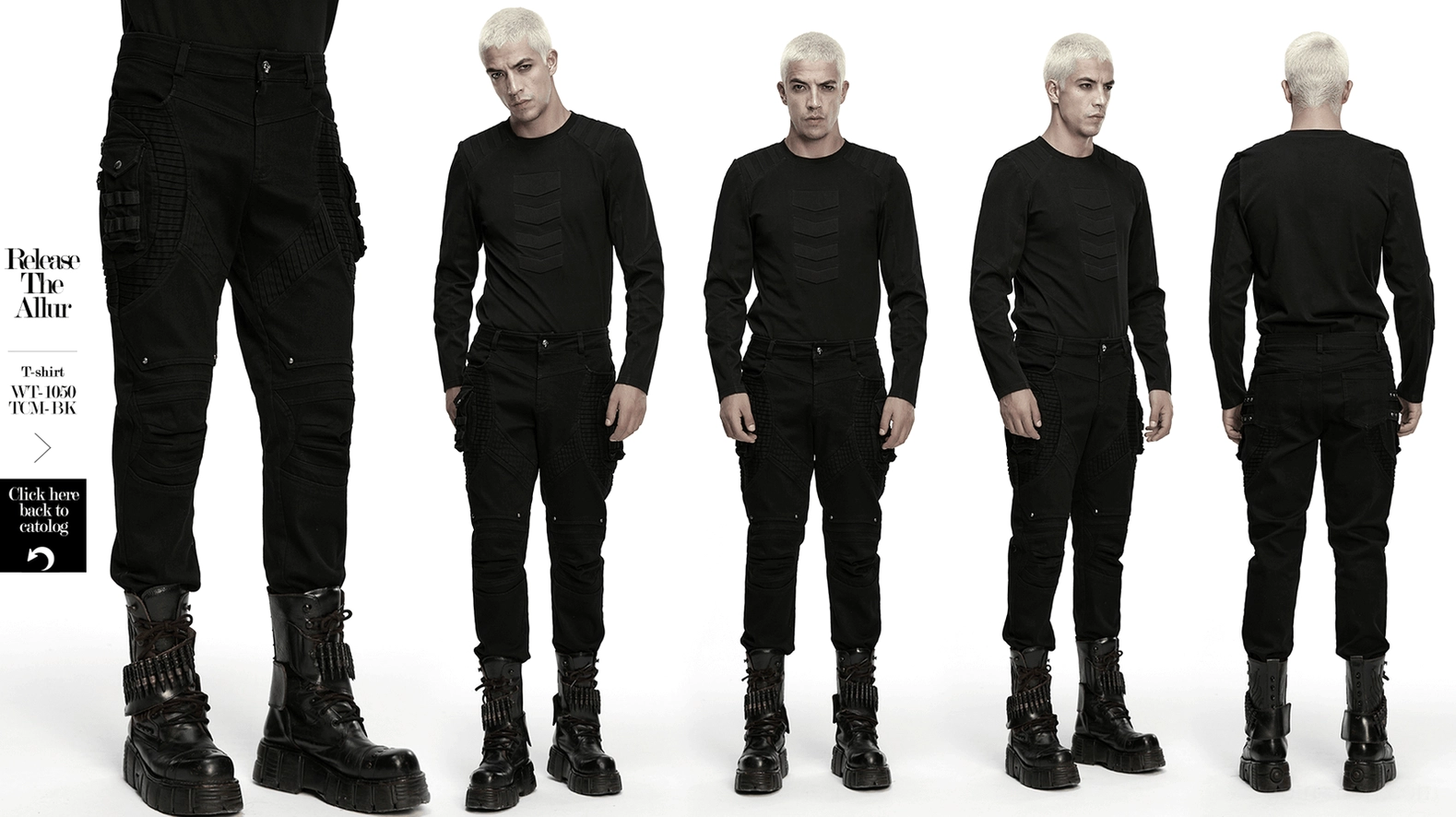 Black gothic techwear pleated pants complete front body view slim-fit silhouette