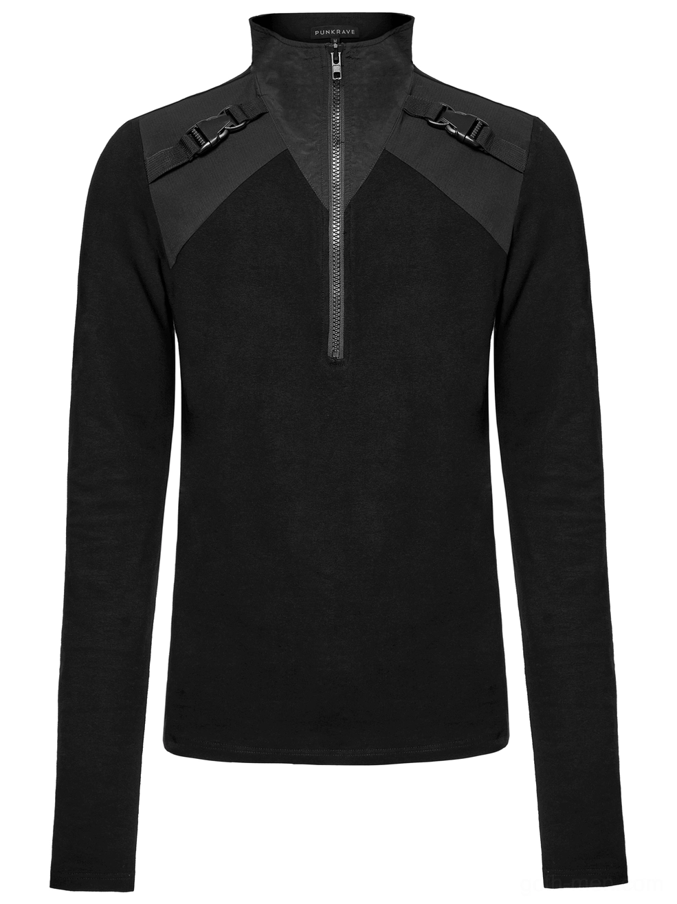 Black gothic techwear sweatshirt front flat lay showing half-zip closure and shoulder details