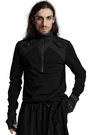 Black gothic techwear zippered sweatshirt with shoulder buckles front view on male model