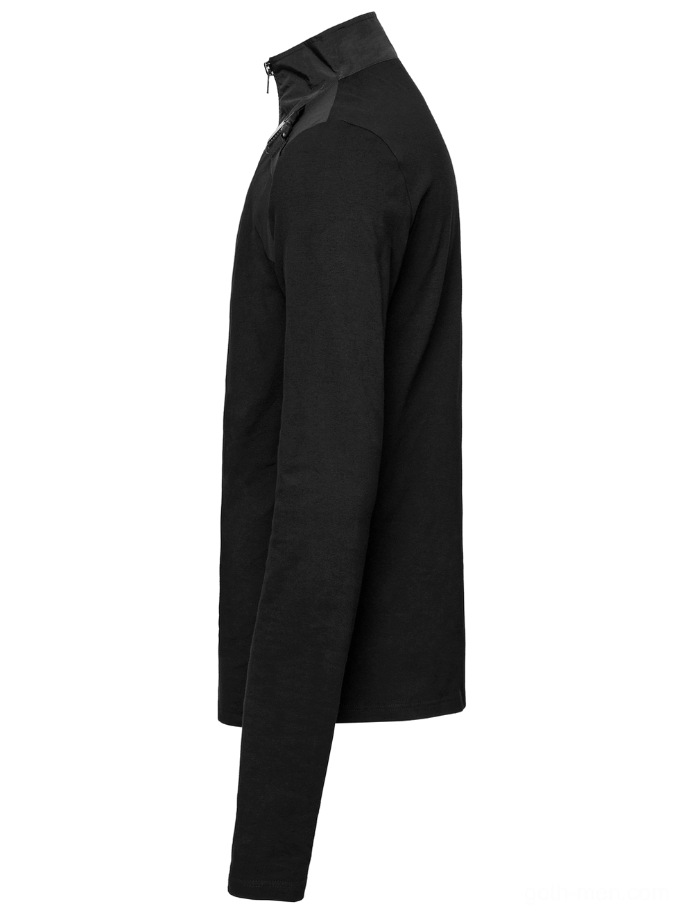 Black gothic techwear sweatshirt side view flat lay showing slim fit design