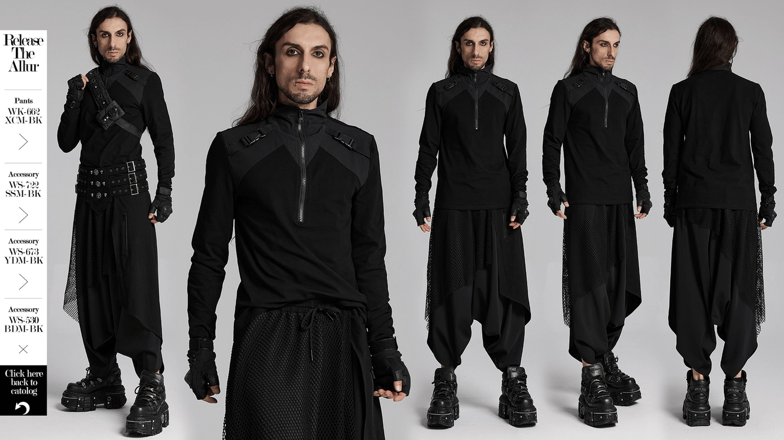 Black gothic techwear zippered sweatshirt full product view front presentation shot