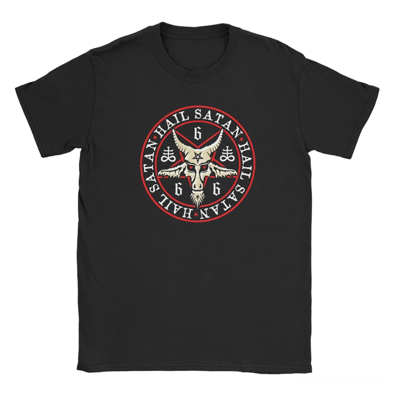 Flat lay of black gothic pentagram t-shirt - circular inverted pentagram print detail