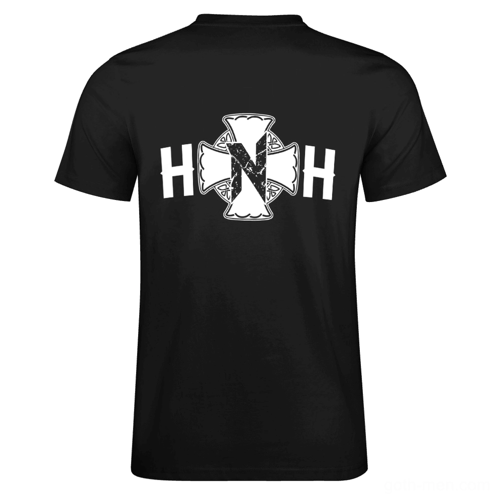 Black gothic crew neck t-shirt flat lay rear angle