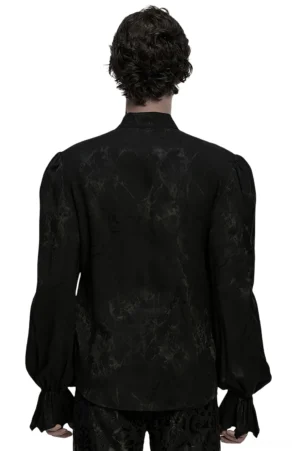 Black gothic textured shirt back view on male model, mottled jacquard weave, puffed sleeves fit