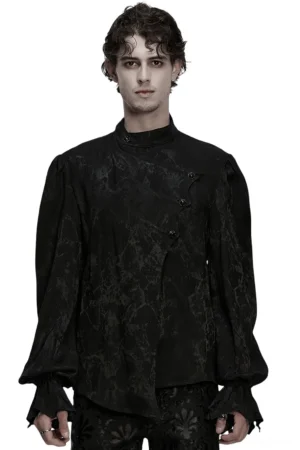 Black gothic textured shirt front view on male model, irregular asymmetrical placket, voluminous bishop sleeves