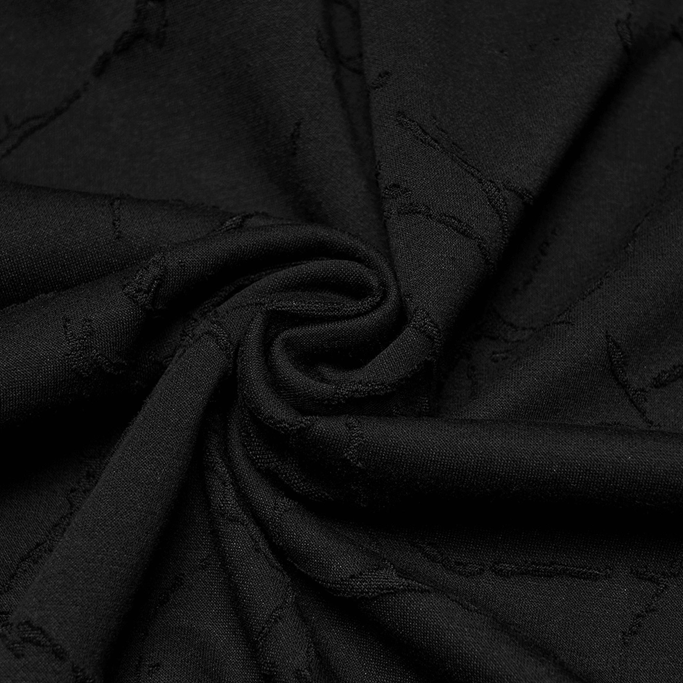 Black burnout gothic top alternative angle detail shot, fabric construction showing cracked knit texture and design elements