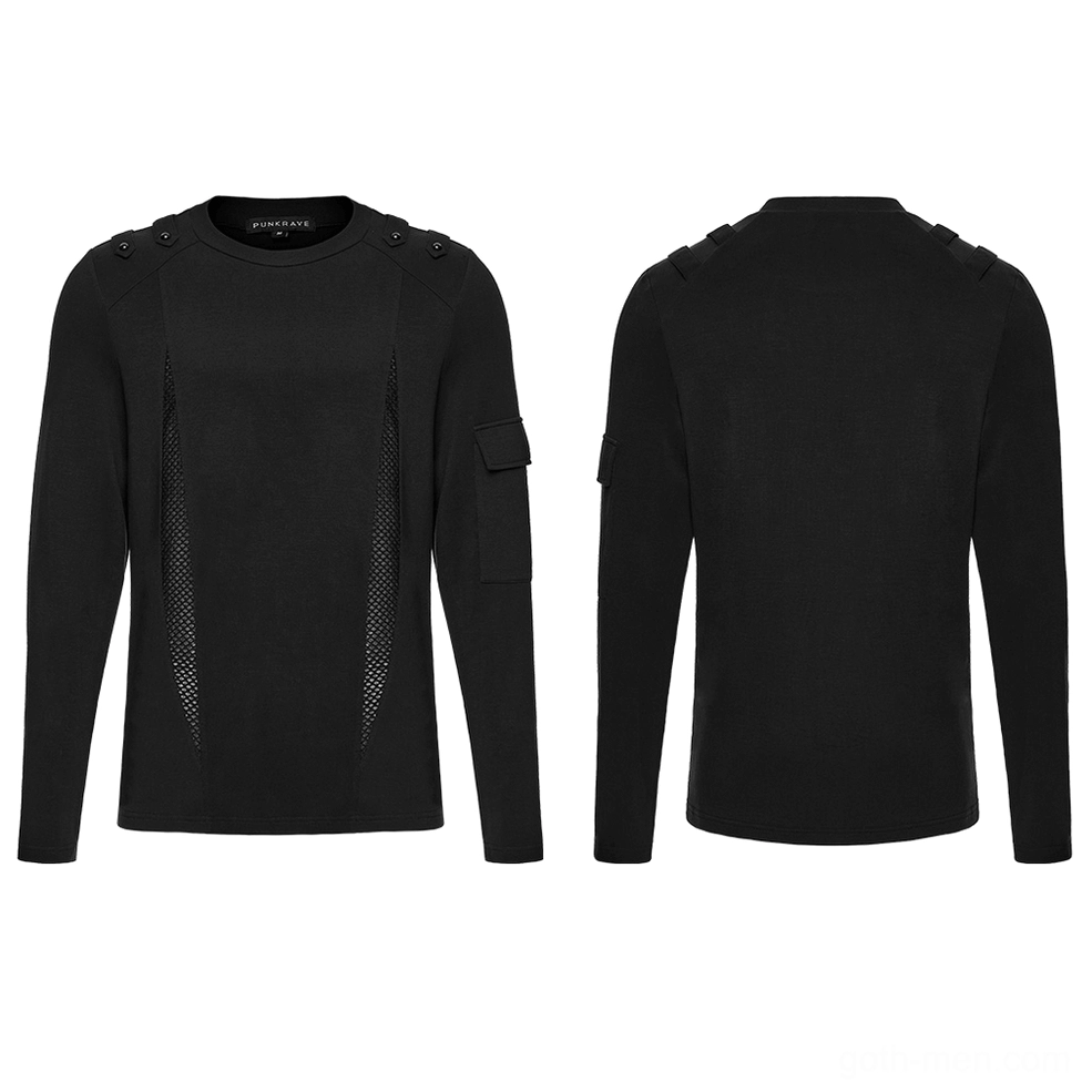 Flat lay front and back view of black gothic mesh long-sleeve top showing shoulder stud details and construction