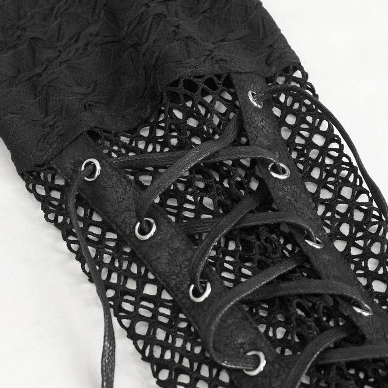 Detailed close-up of black gothic hooded top lace-up sleeve design with metal eyelet and leather lacing