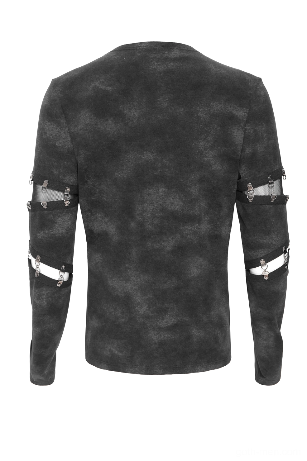 Rear flat lay of black gothic top showing tie-dye texture and sleeve cutout straps