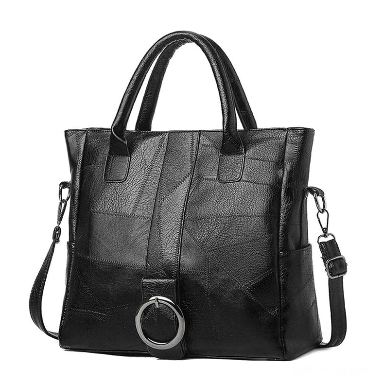 Black gothic vintage PU leather tote bag with metal ring accent and dual handles - front flat view