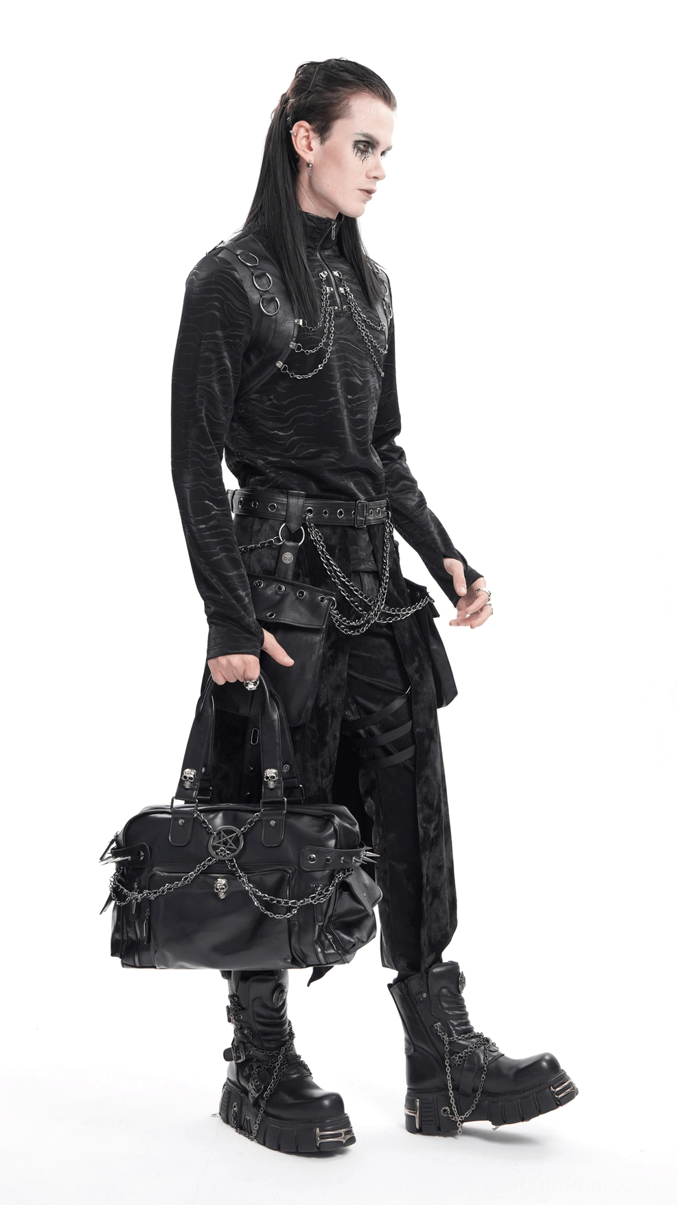 Black chain embellished gothic leather tote bag showcasing skull and pentagram accents with alternative fashion styling