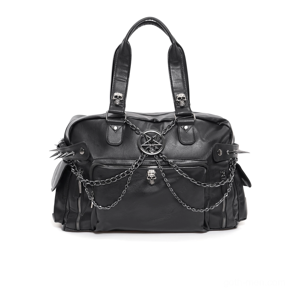Black gothic leather tote bag front detail showing pentagram chain embellishment, skull charm, and organized interior pockets