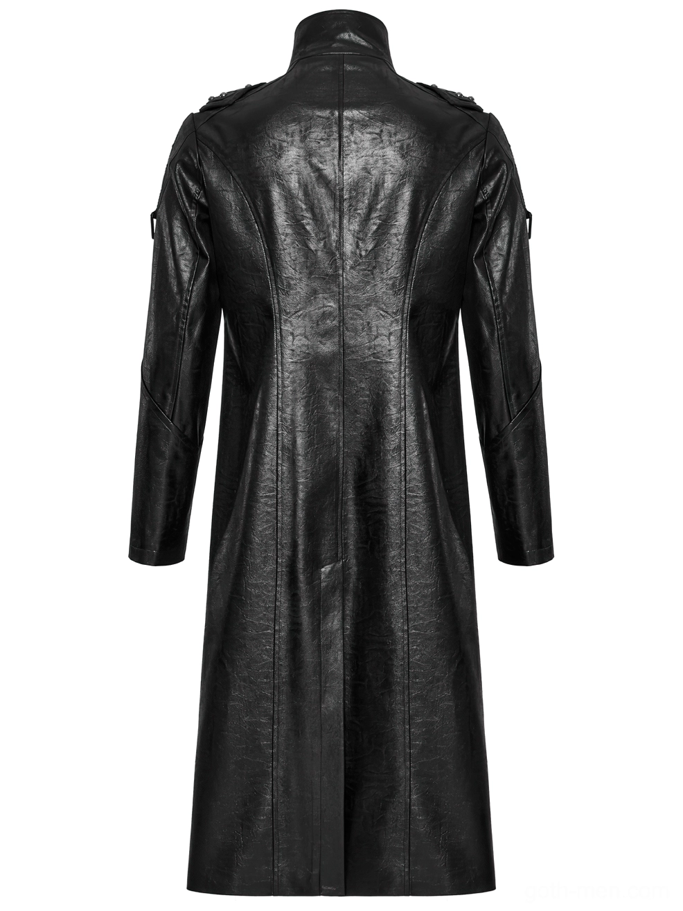 Black gothic faux leather trench coat back panel - clean segmented seaming and smooth leather finish