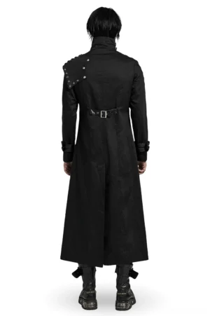 Black gothic trench coat back view showing waist buckle strap and split hem design
