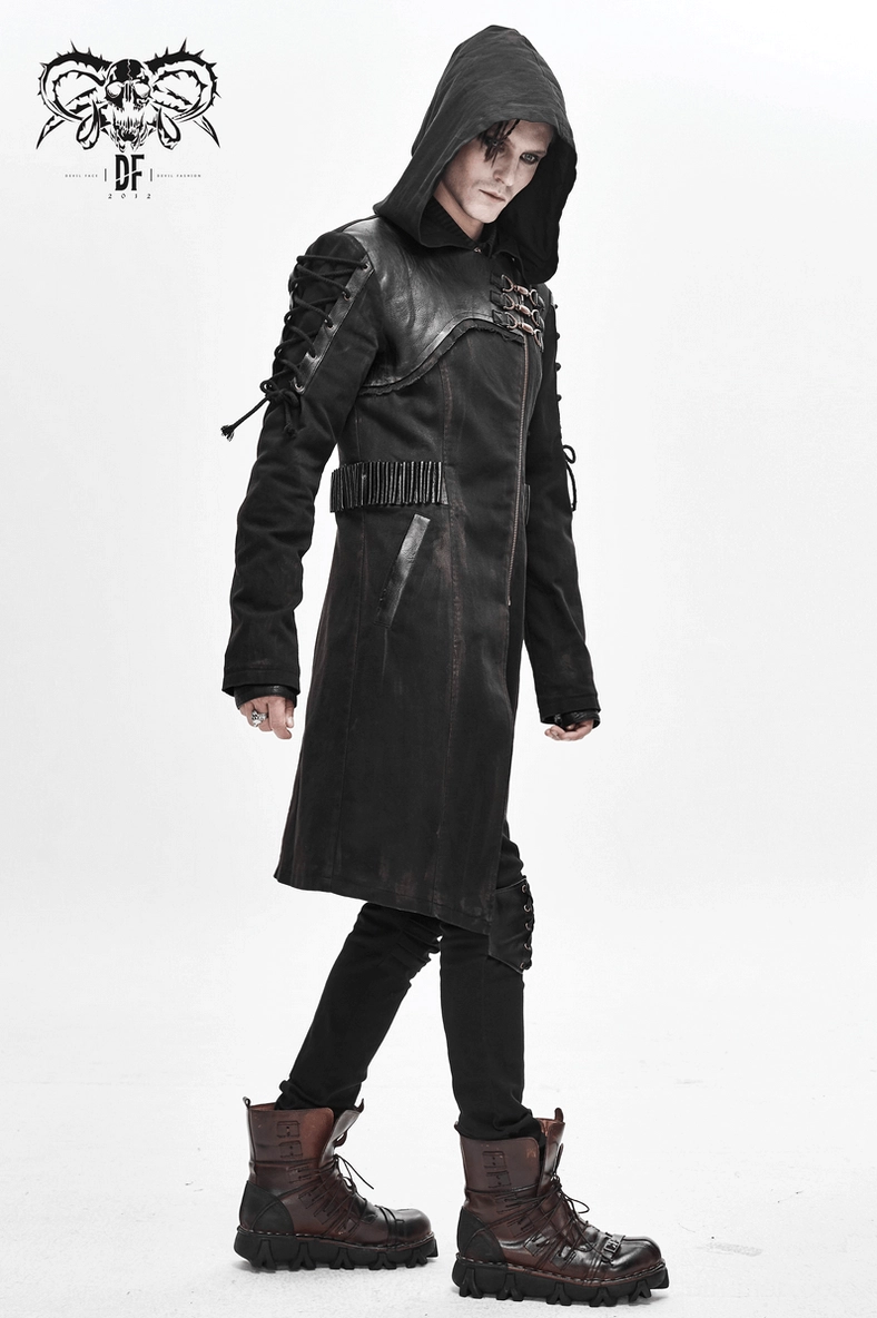Black gothic hooded trench coat detail view of buckle hardware sleeve lacing and tailored construction