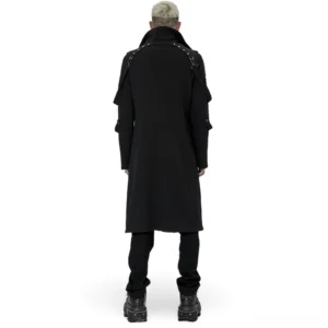 Black asymmetric high collar gothic trench coat - front full-body model shot showing fitted silhouette and structured design