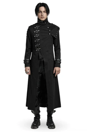 Men's black asymmetrical gothic trench coat front view with high collar and detachable shoulder piece