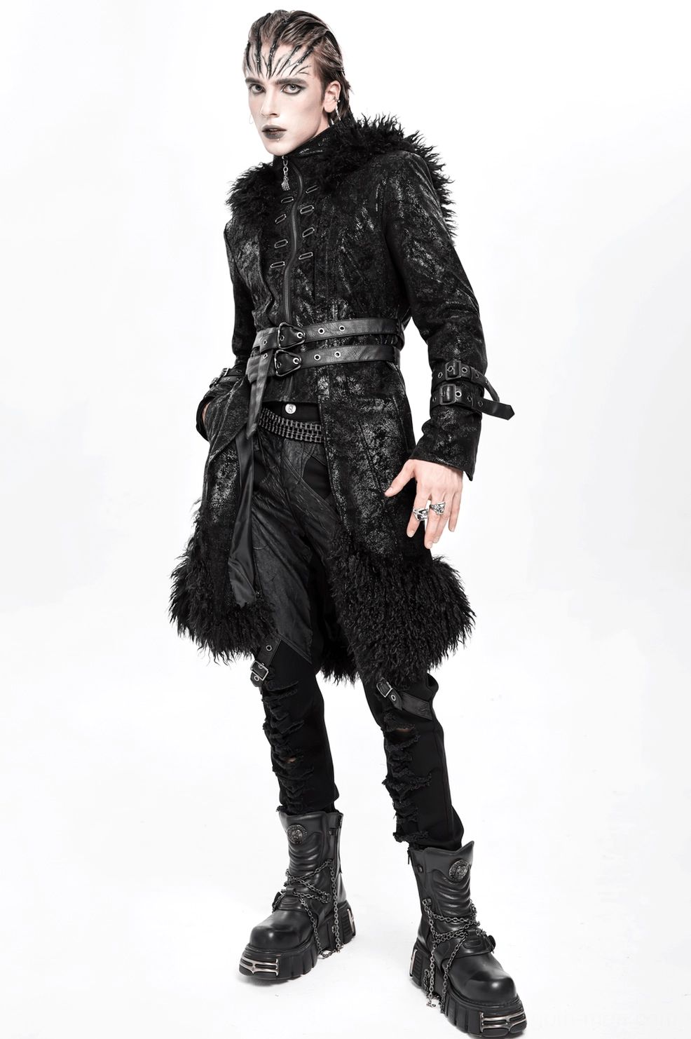 Full-length view of black gothic trench coat on mannequin emphasizing dramatic length, fitted waist and faux fur accents