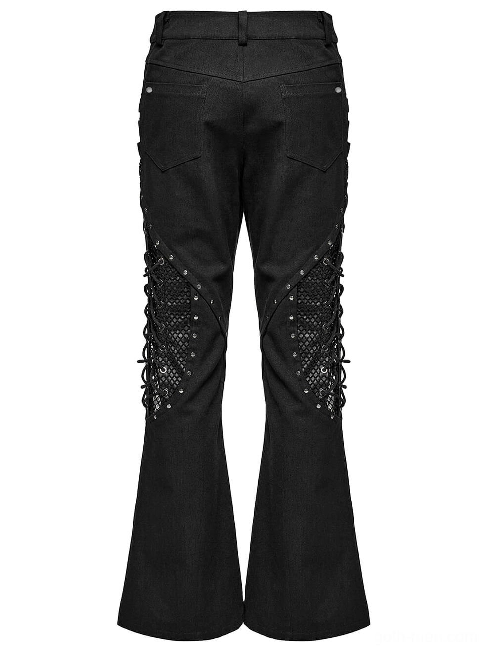 Black gothic flare pants rear flat lay with thigh lace-up mesh rivet decoration