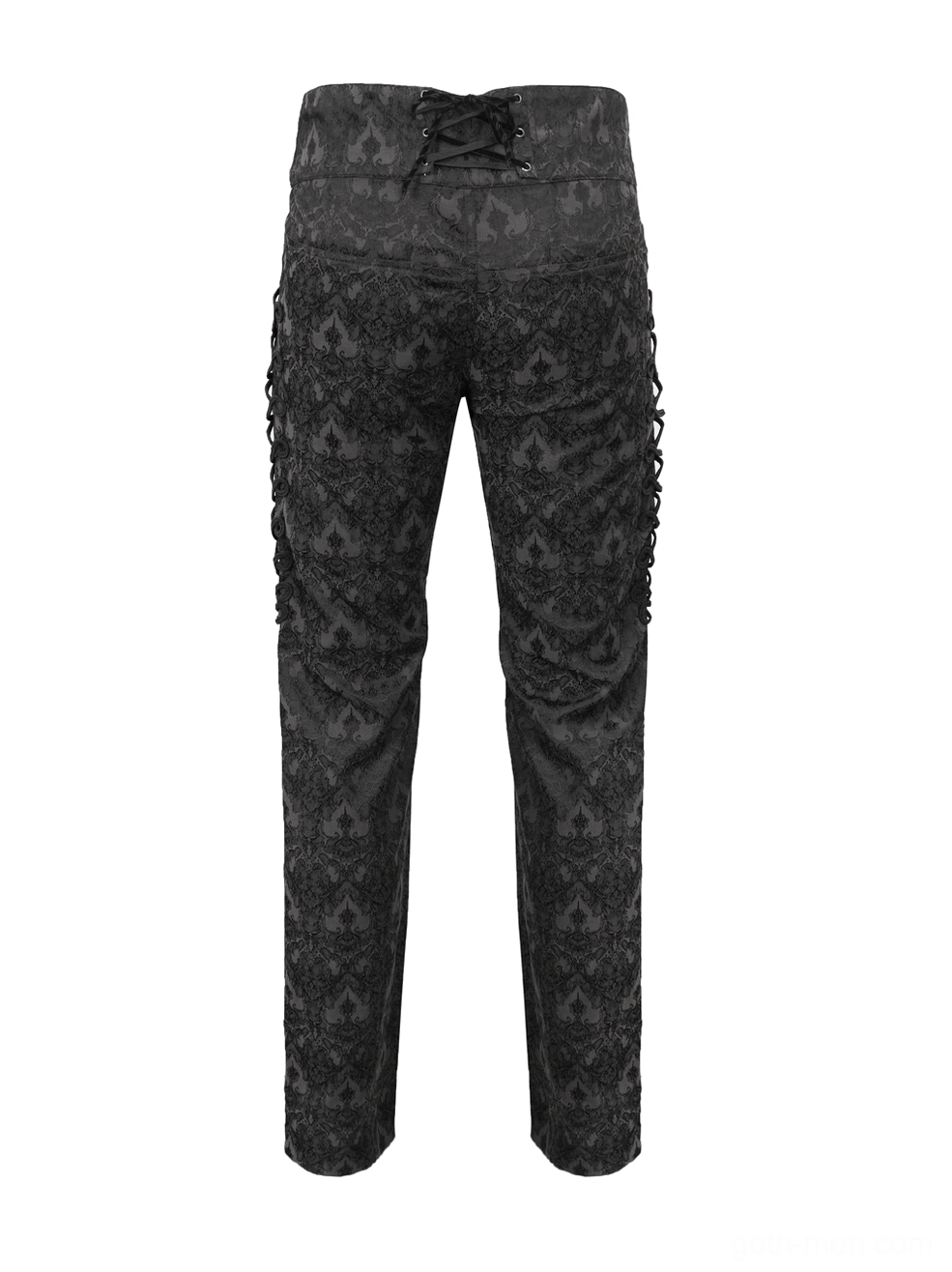 Back view of black gothic trousers showing lace-up closure and braided rope trim details steampunk