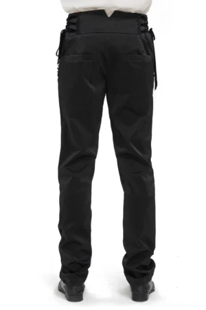 Black gothic jacquard trousers back view showing structured high waistline and functional back pockets