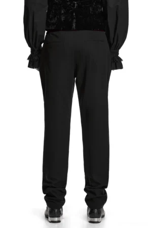 Black gothic trousers rear view showing tailored cut and burgundy velvet waistband detail