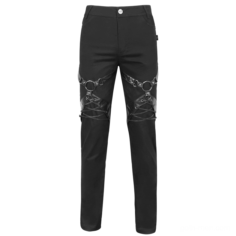 Black slim-fit gothic trousers flat lay front view with leather harness thigh straps