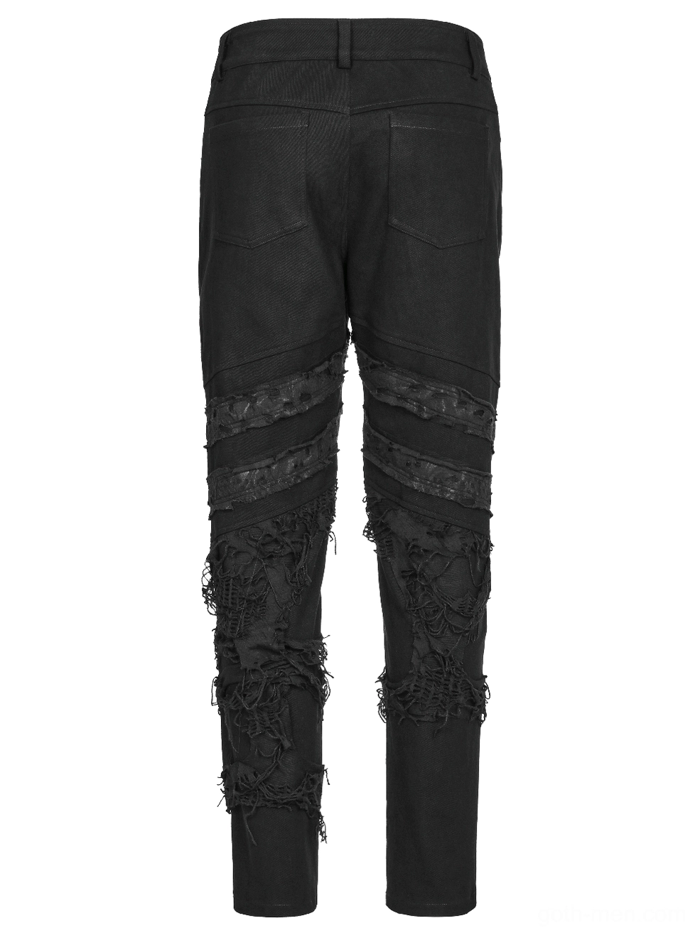 Black gothic ripped trousers rear flat lay displaying jean-style back pockets and fraying