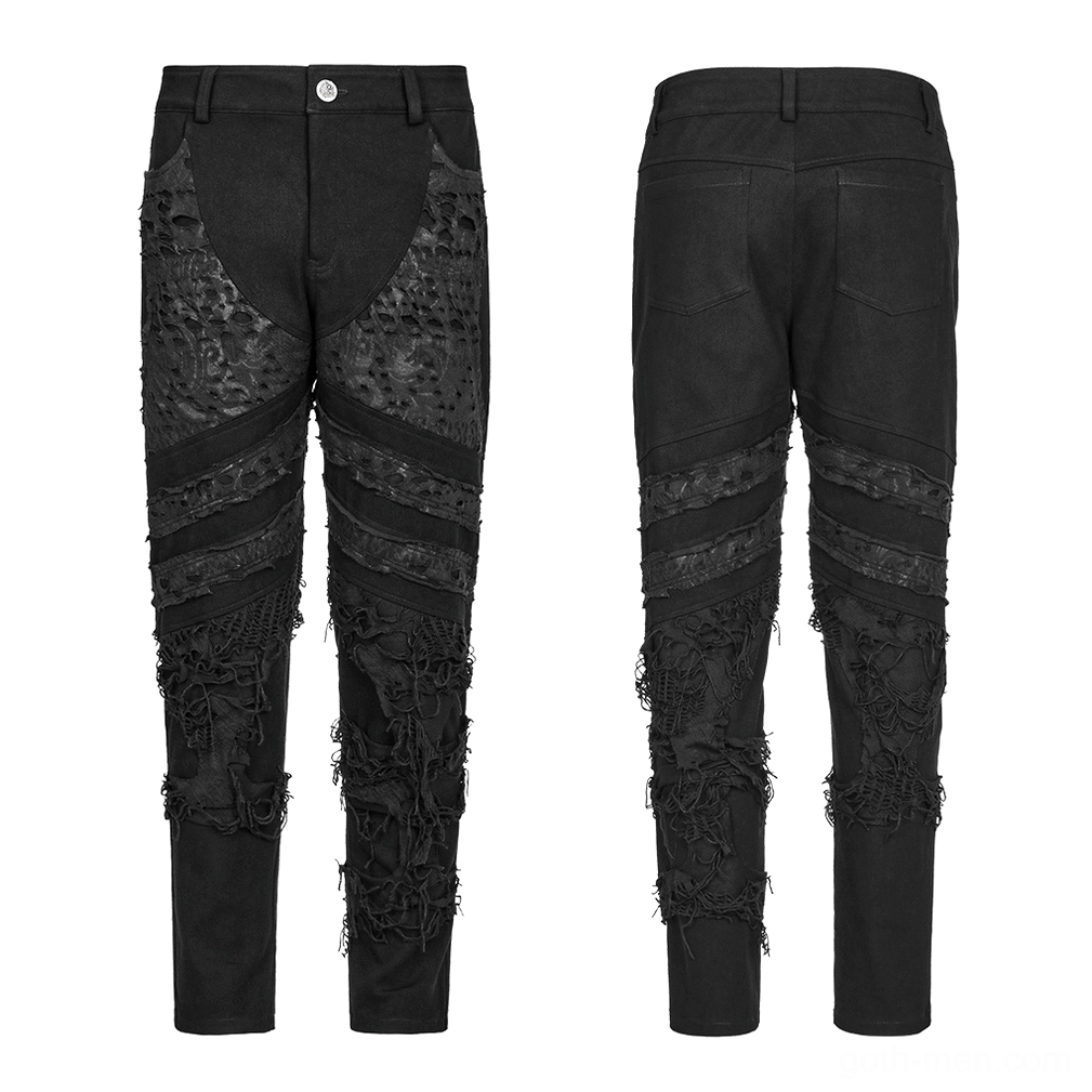 Black ripped knit gothic trousers flat lay front showing all-black tonal distressed design