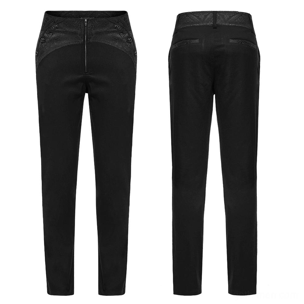 Black gothic slim-fit trousers flat lay front view, showcasing front zipper and decorative hand-sewn buttons