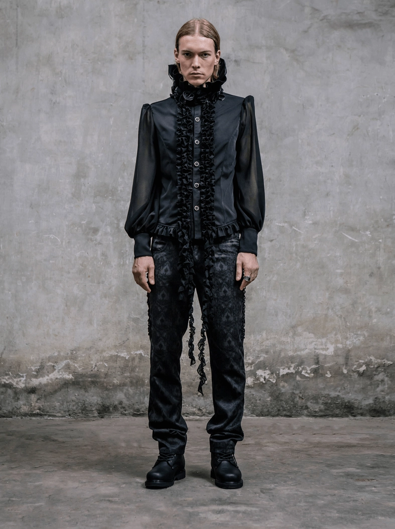 Black gothic jacquard trousers front three-quarter view highlighting high waist and refined silhouette