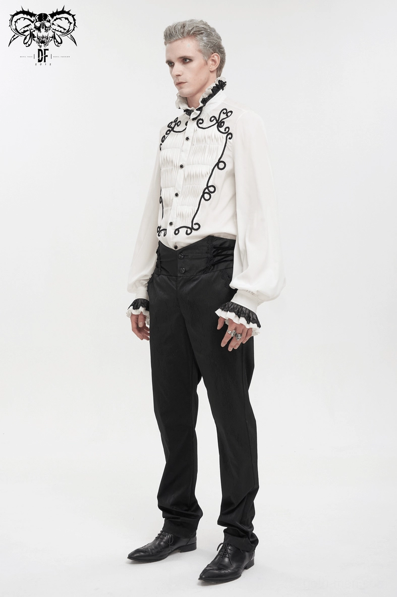 Black gothic high-waist trousers texture close-up highlighting jacquard weave and synthetic leather composition