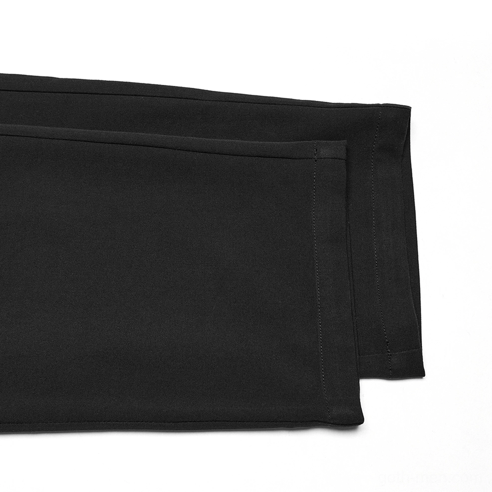 Black gothic trousers close-up of front pockets, showing solid woven fabric construction and standard pocket structure