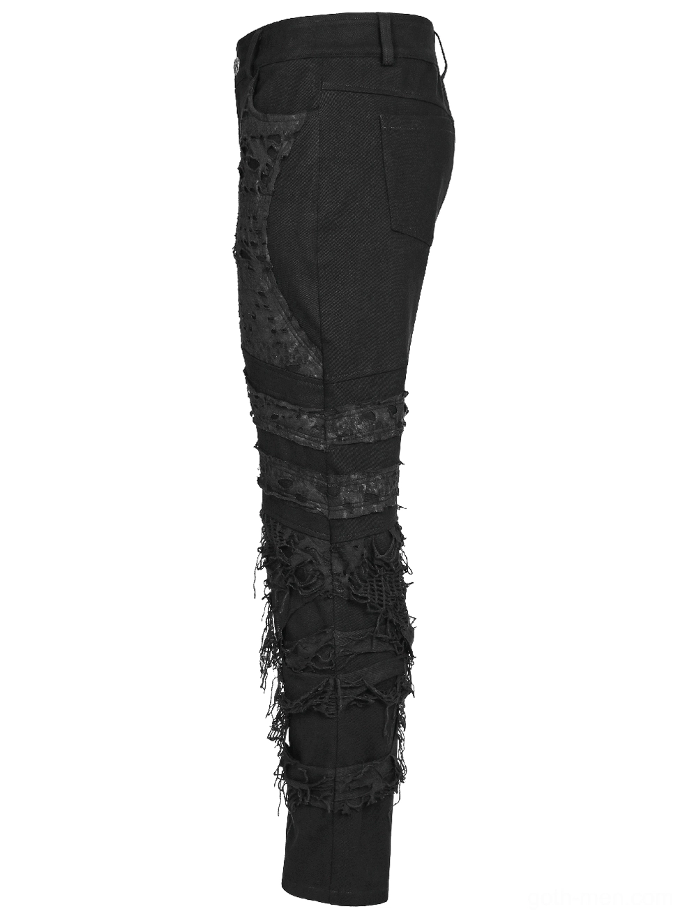 Black distressed gothic trousers side flat lay showing slim straight leg fit and hem width