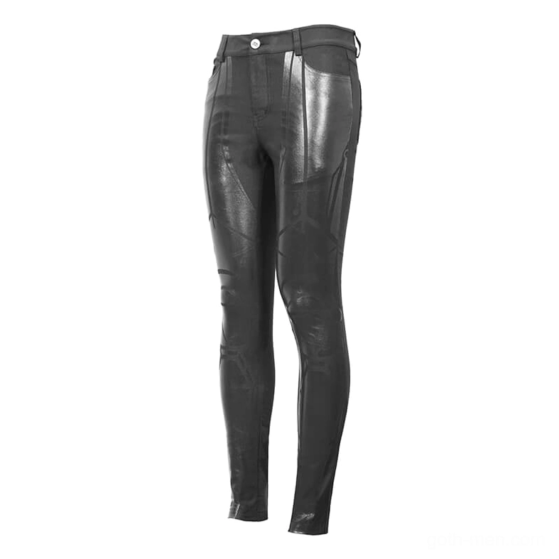 Black gothic trousers side-front view with matte glossy PU panel design