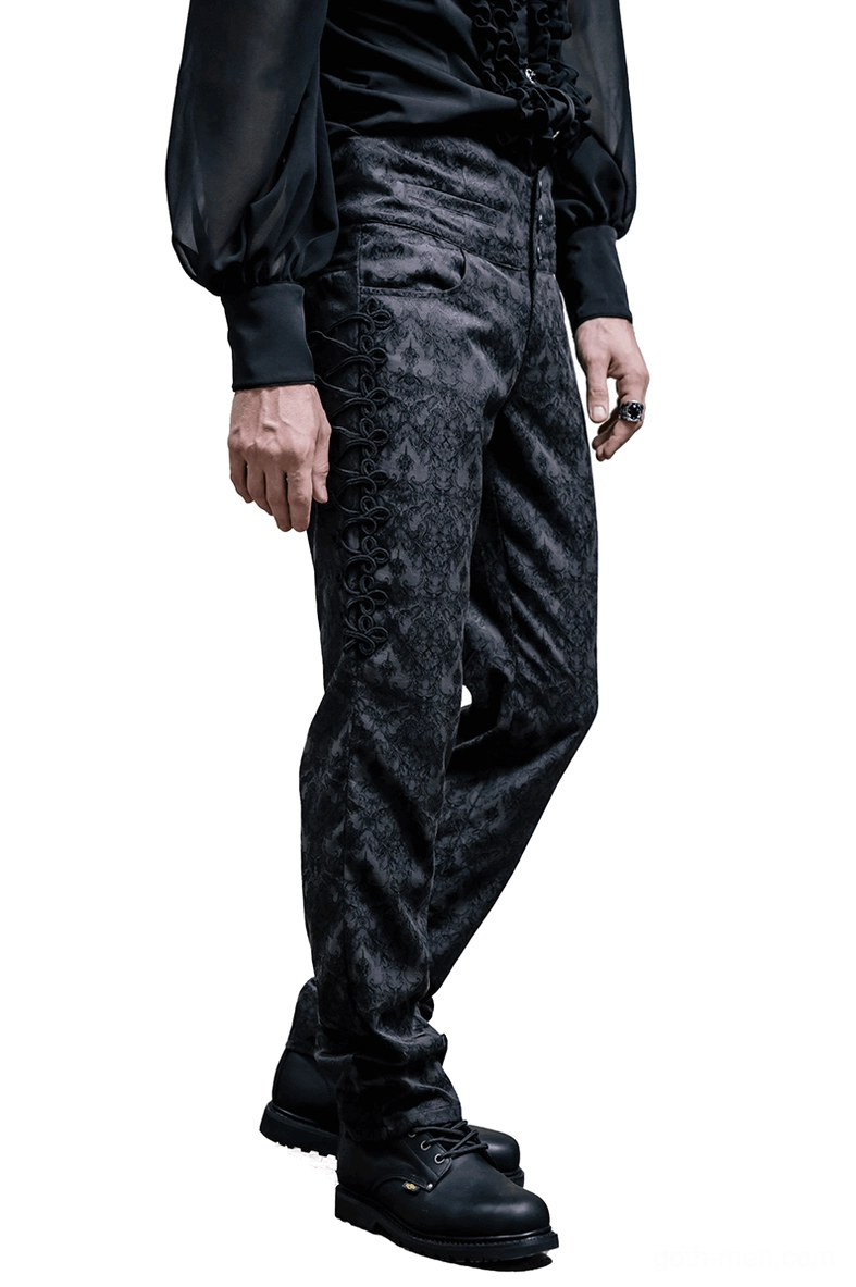 Side profile of black damask gothic trousers showing fitted steampunk silhouette and waist construction
