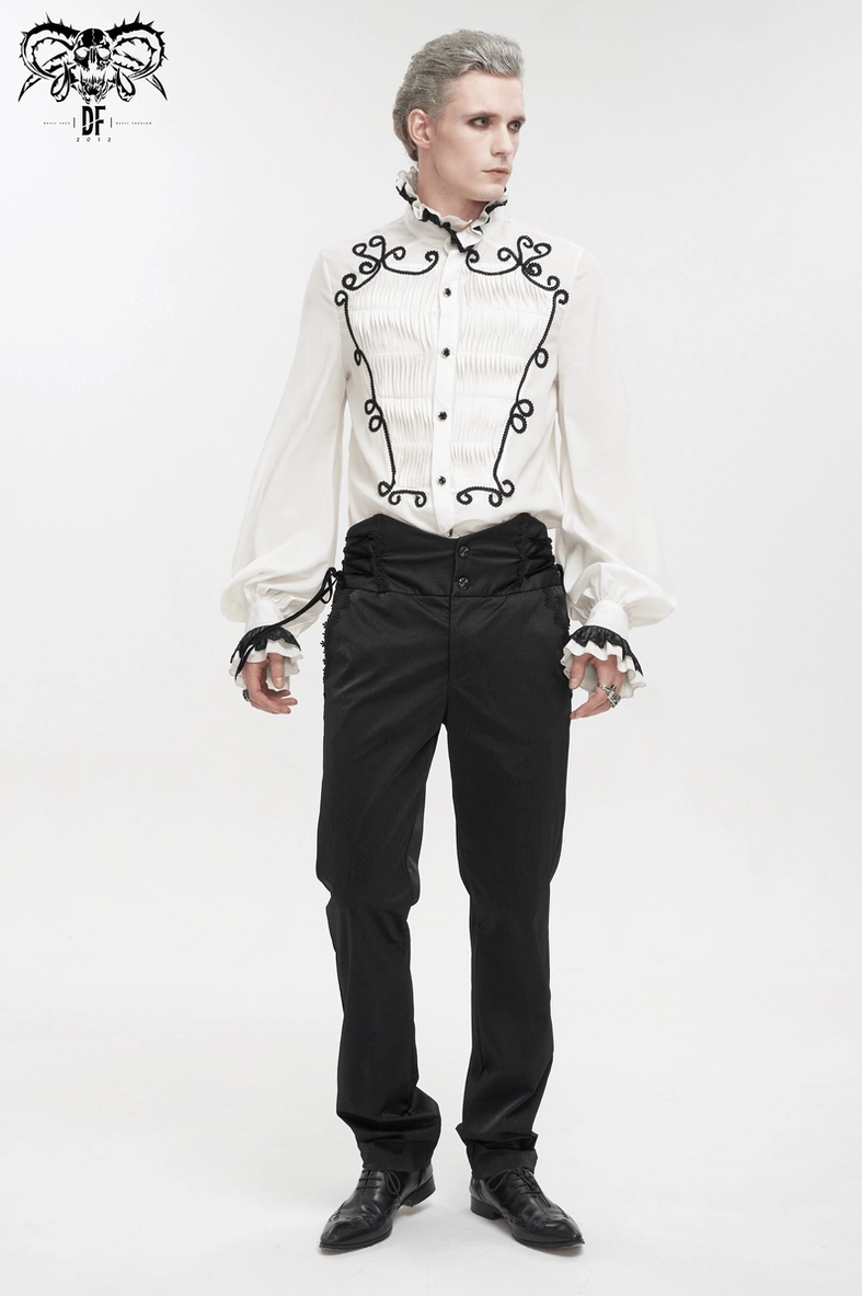 Side profile of gothic trousers showing fitted silhouette and side lace-up design elements