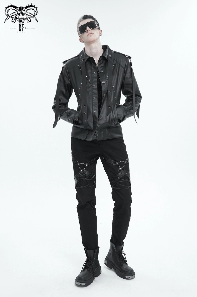 Gothic black trousers flat lay showing slim-fit design from hips to ankle
