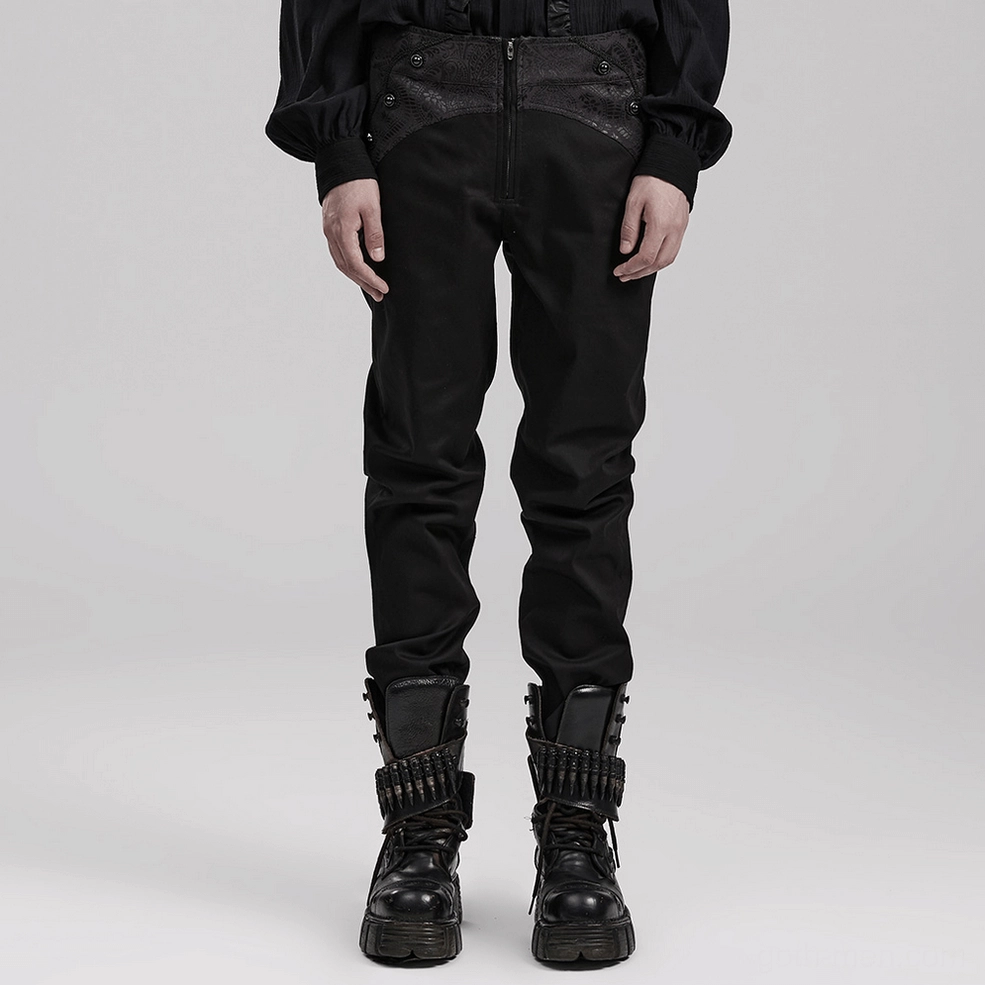 Black jacquard gothic trousers structured waist panel detail with decorative button accents and precision seaming