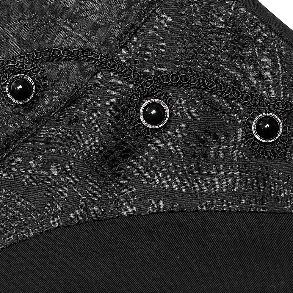 Black gothic slim-fit trousers webbing loop and jacquard trim detail, showing artisanal construction quality