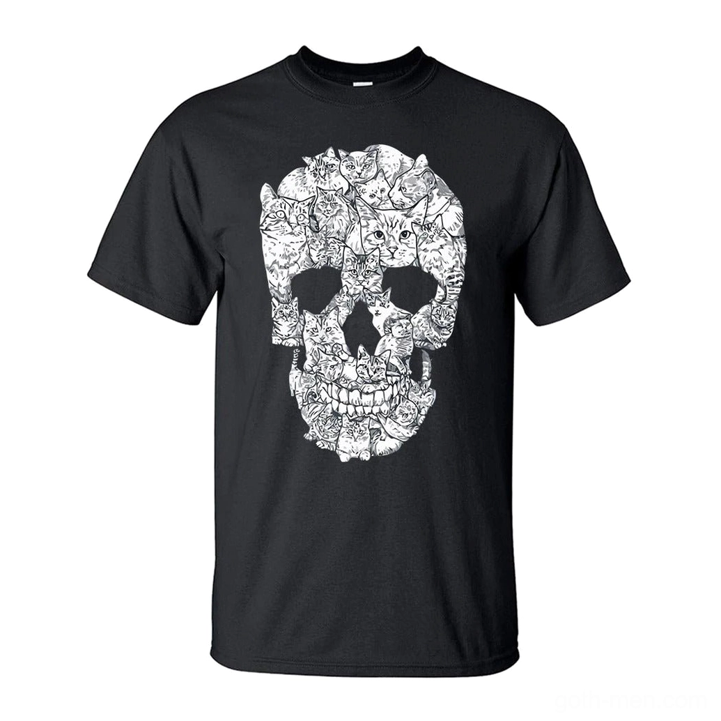 Flat lay front view of solid black cotton memento mori cat skull graphic t-shirt showing screen print quality and crew neckline