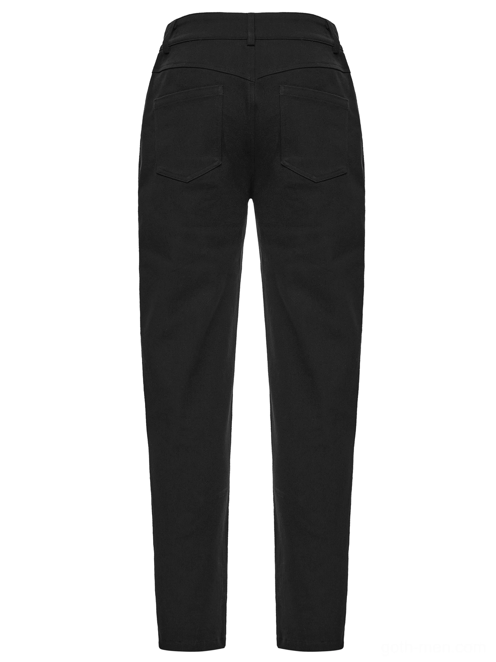 Black gothic twill pants rear flat lay showing tailored back pockets and hem