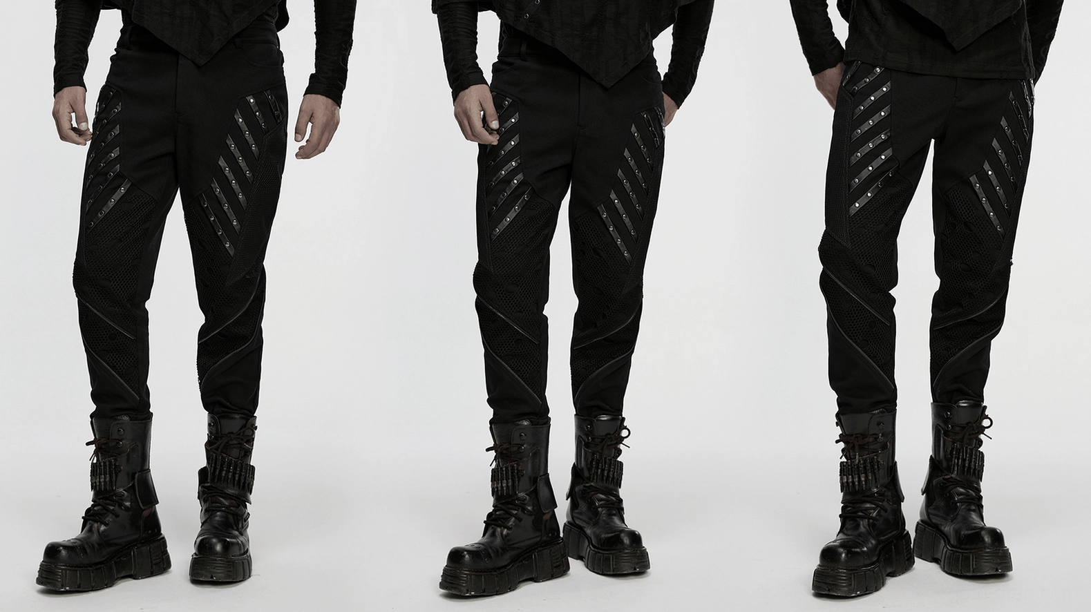 Black gothic twill pants detailed view of rivet decoration and mesh panel engineering