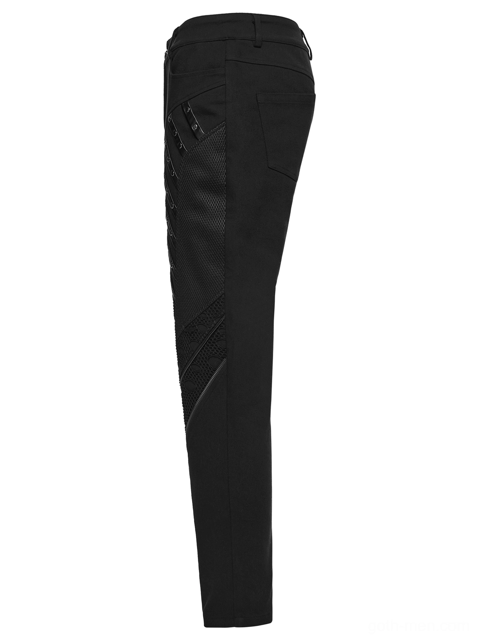 Black gothic twill pants left side flat lay showing mesh thigh panel and leather trim