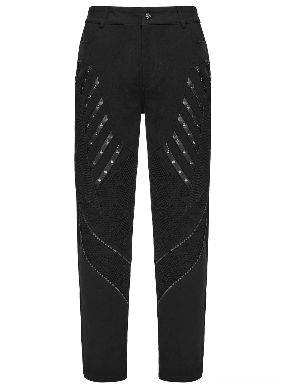 Black gothic twill pants front detail flat lay showing diagonal rivet trim and mesh inserts