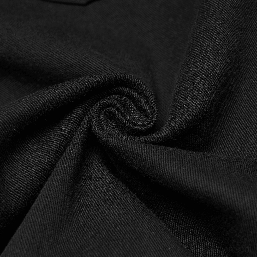 Black slim-fit gothic twill pants featuring rivet strips and engineered mesh panel design