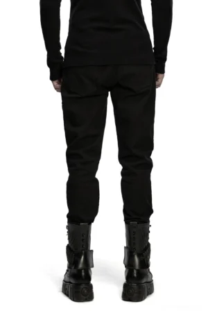 Black gothic twill pants with mesh panels rear full-body view