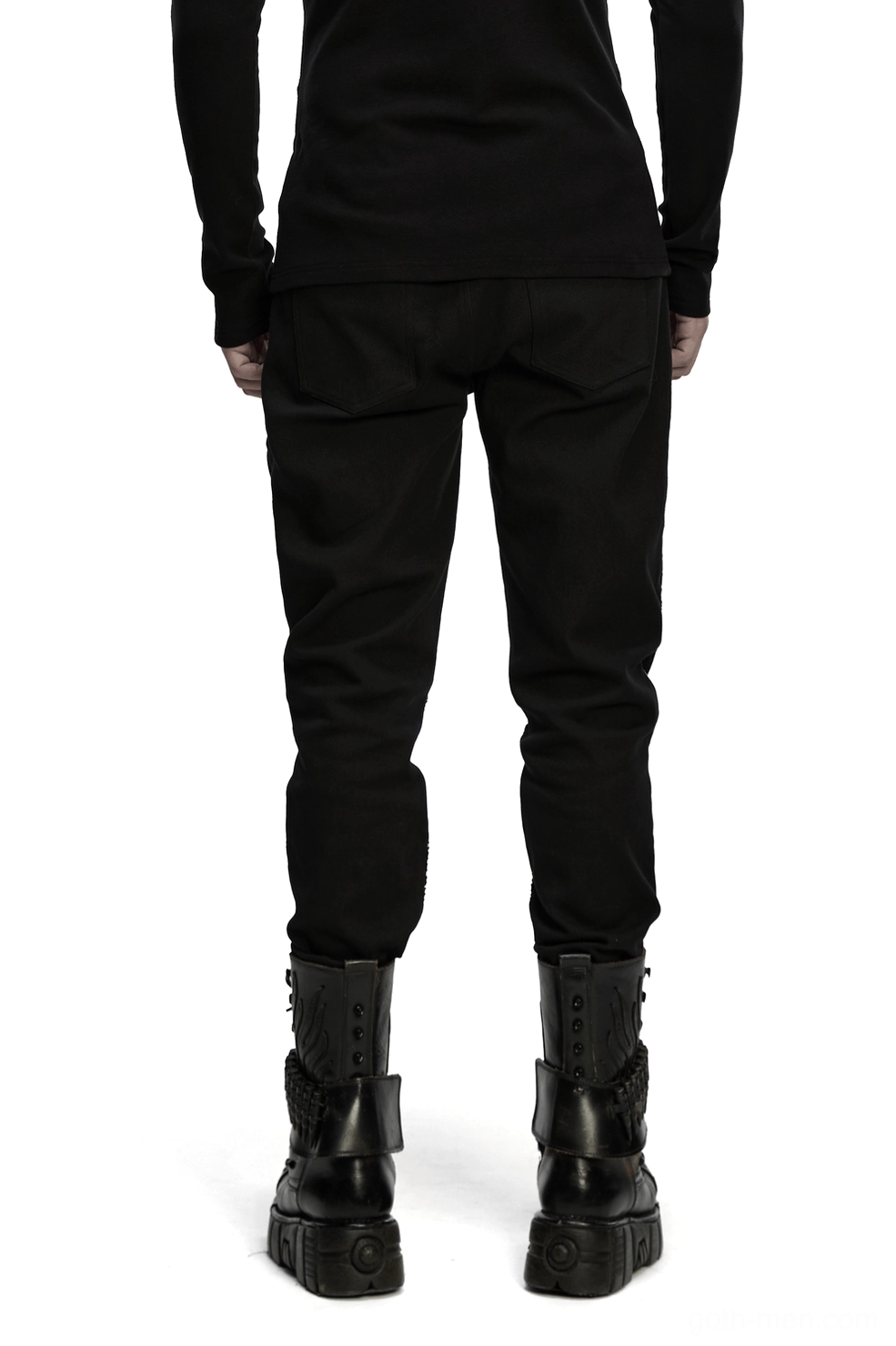 Black gothic twill pants with mesh panels rear full-body view