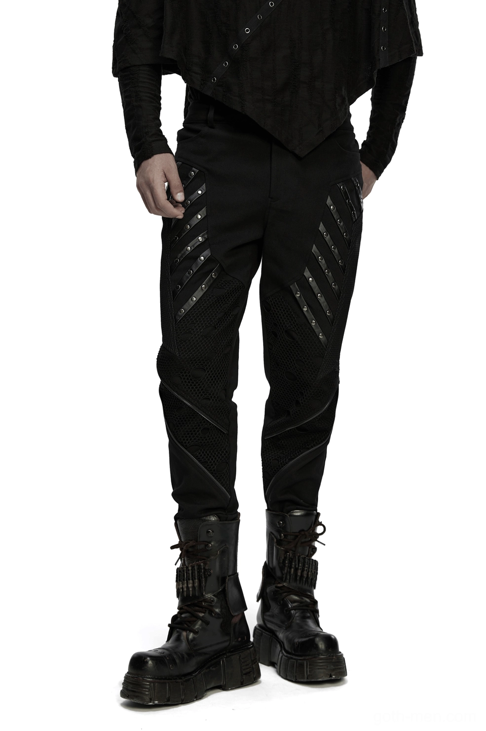 Black slim-fit gothic twill pants with symmetrical rivet straps front full-body view